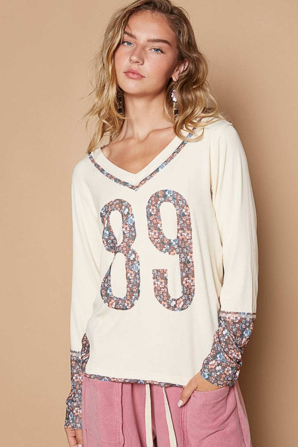 POL V-Neck Long Sleeve Floral Number Patch T-Shirt