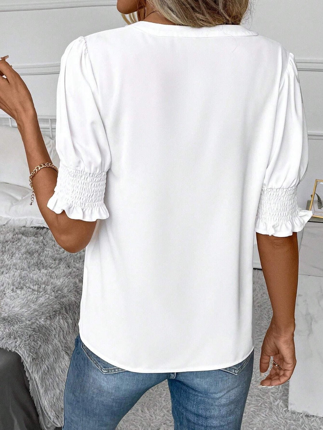 Notched Short Sleeve Blouse