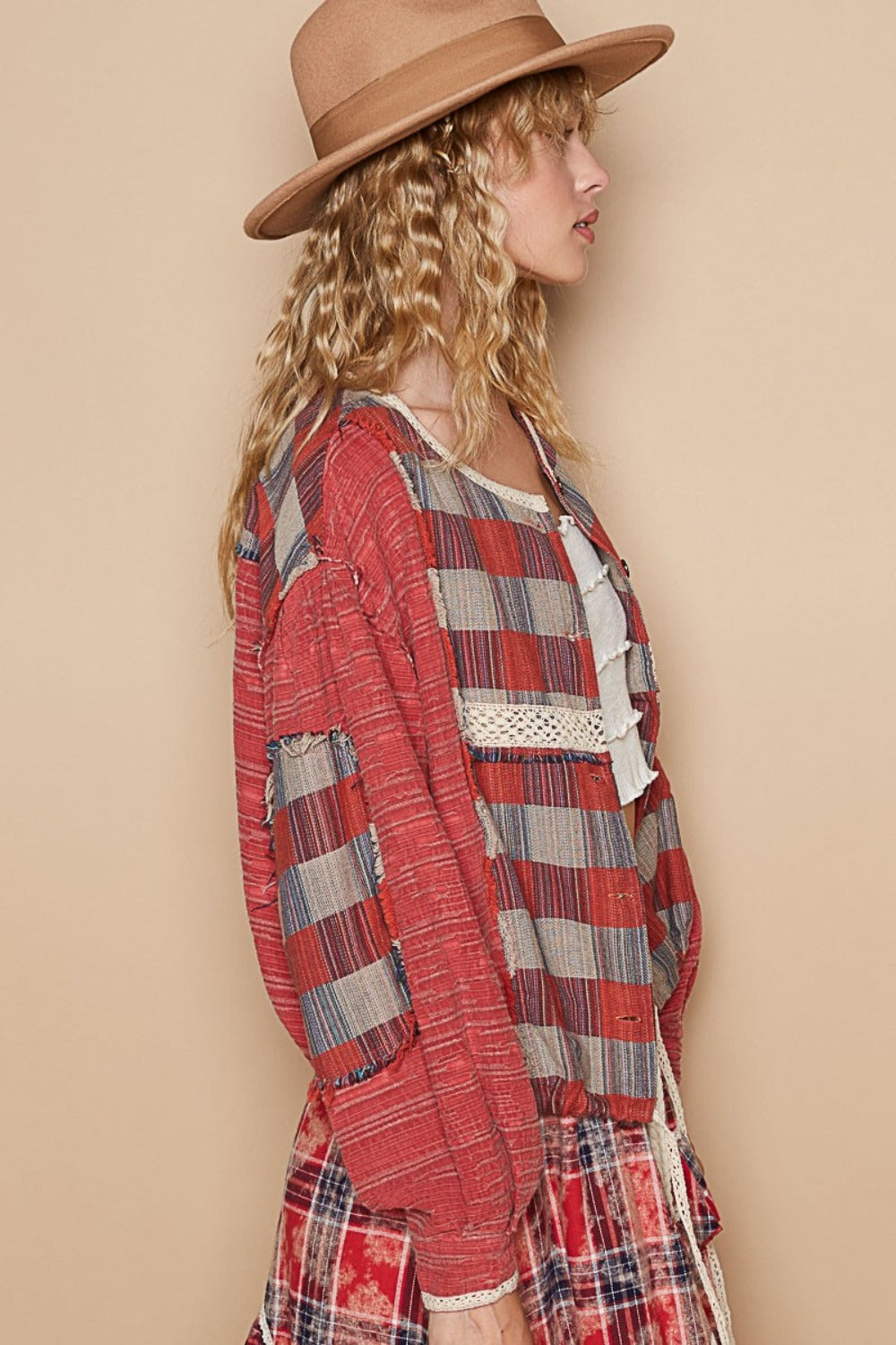 POL Round Neck Long Sleeve Plaid Shirt