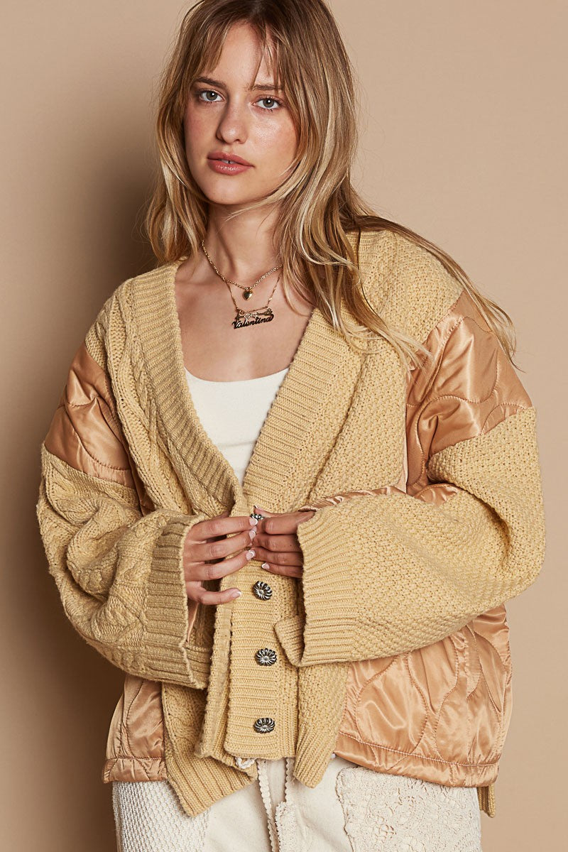 POL Quilting Patch Button Up Cable Knit Jacket