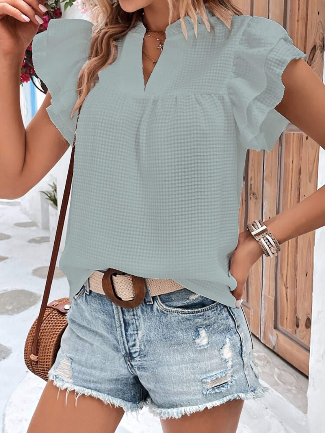 Ruffled Notched Cap Sleeve Blouse