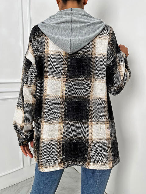 Plaid Drawstring Hooded Jacket