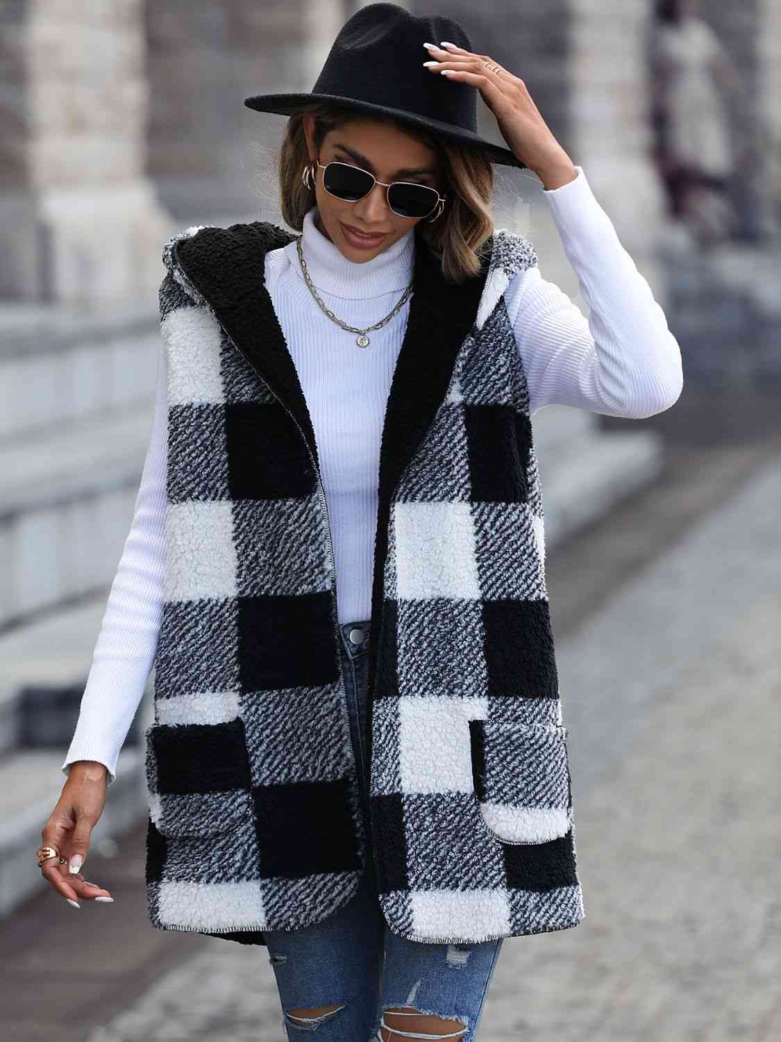 Plaid Hooded Vest with Pockets