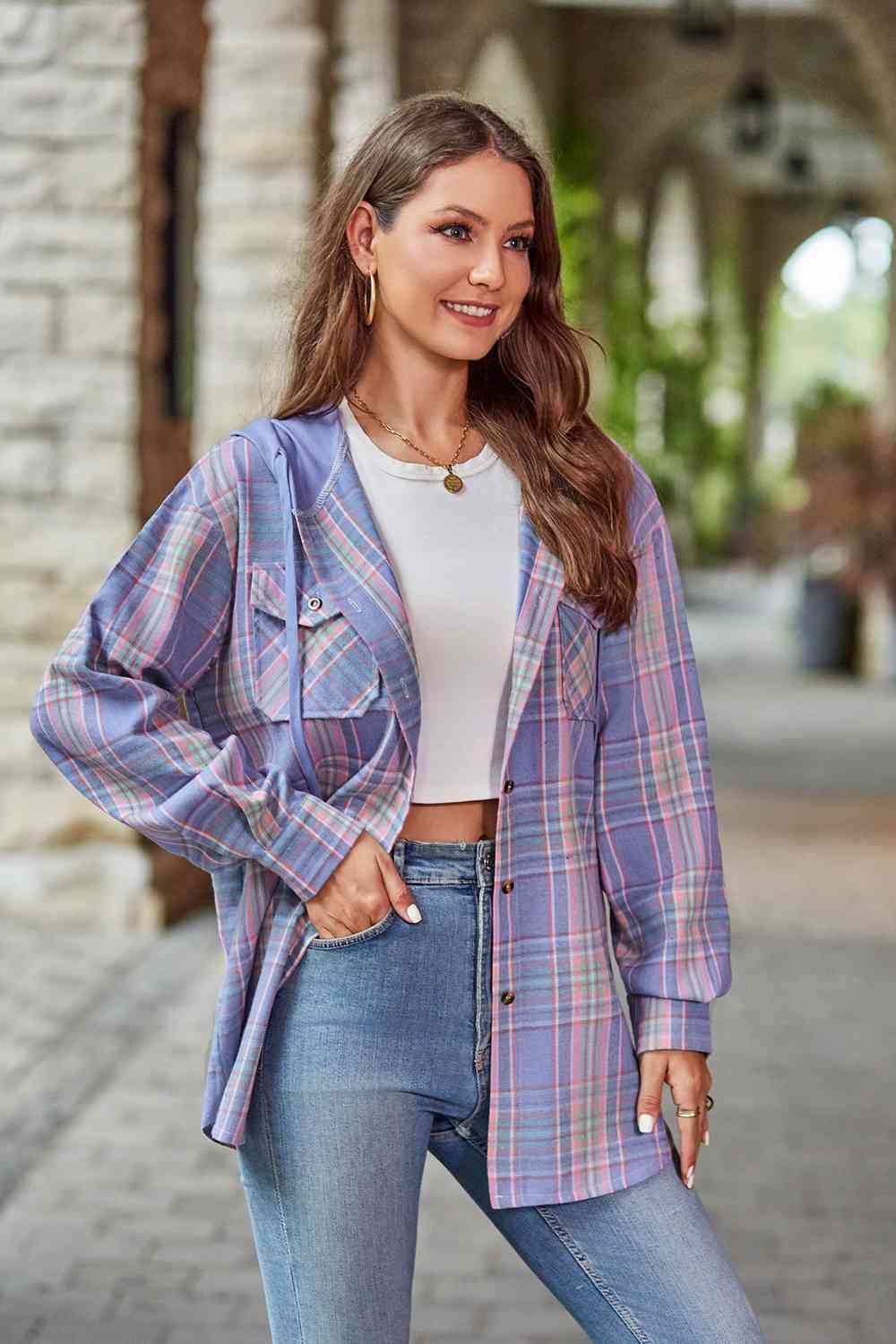 Plaid Long Sleeve Hooded Jacket